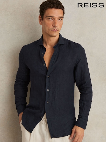 Reiss Navy Ruban Linen Button-Through Shirt (AR9621) | £98