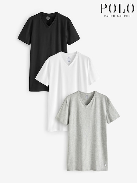 Polo Ralph Lauren Grey/White V-Neck Jersey Cotton 3-Pack T-Shirts (K79861) | £60