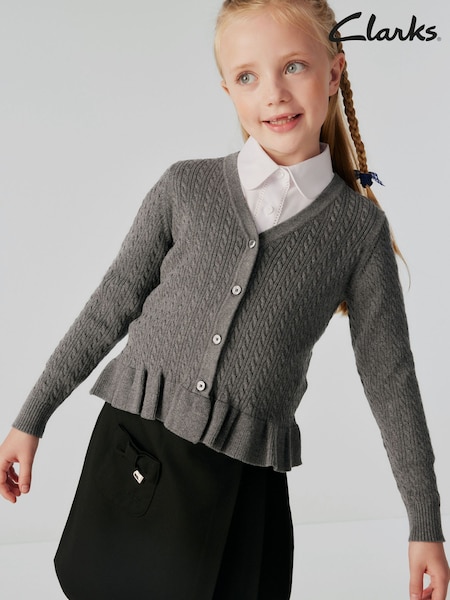 Clarks Grey Girls Cable Knit Frill School Cardigan (Q66202) | £16 - £23