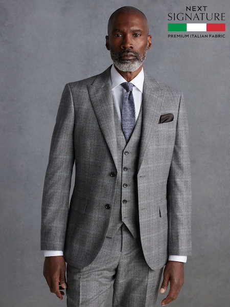 Grey Signature Marzotto Check Italian Wool Suit Jacket (Q99067) | £189