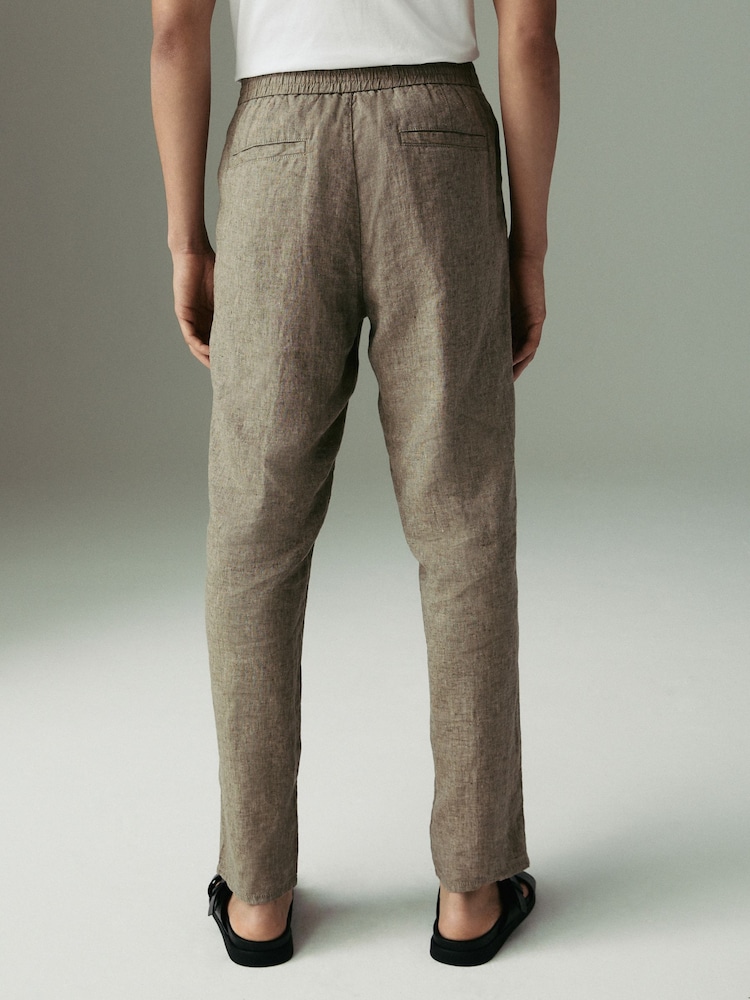 Neutral Regular Tapered Fit 100% Linen Signature Elasticated Waist Drawstring Trousers - Image 2 of 13