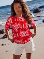 Red Palm Print Short Sleeve Boxy T-Shirt with Linen - Image 1 of 6